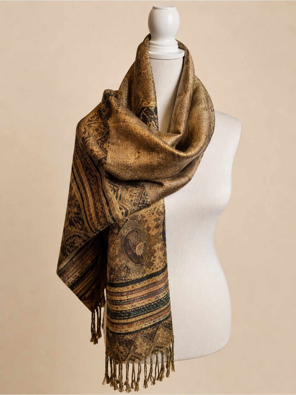Vintage Echo-Style Paisley Metallic Fringe Scarf Shawl – Boho Chic